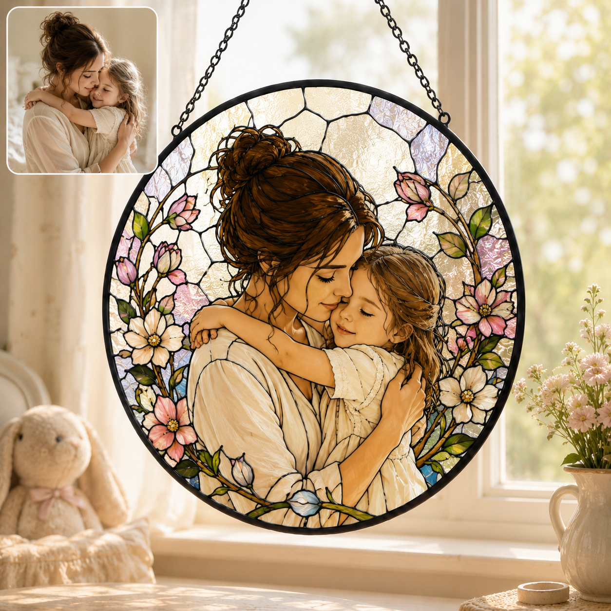 Personalized Mom & Grandma Portrait Glass Suncatcher, Custom Family Photo Window Hanging Decor THUC99