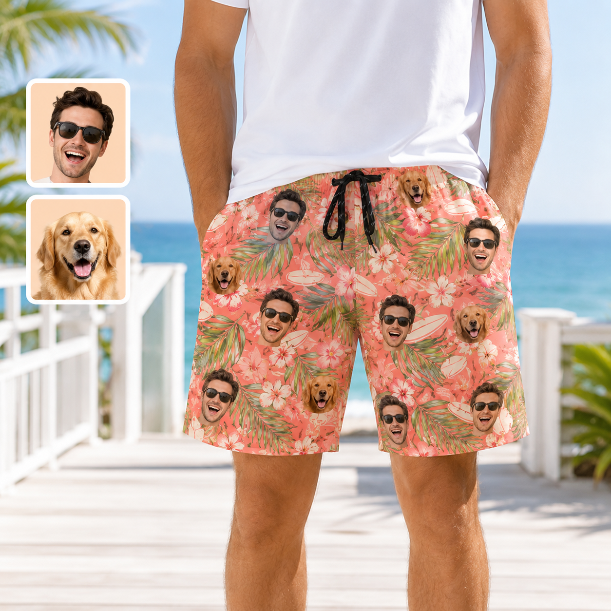 Personalized Pet Face Beach Shorts Custom Dog Photo Swim Trunks for Summer THUC99