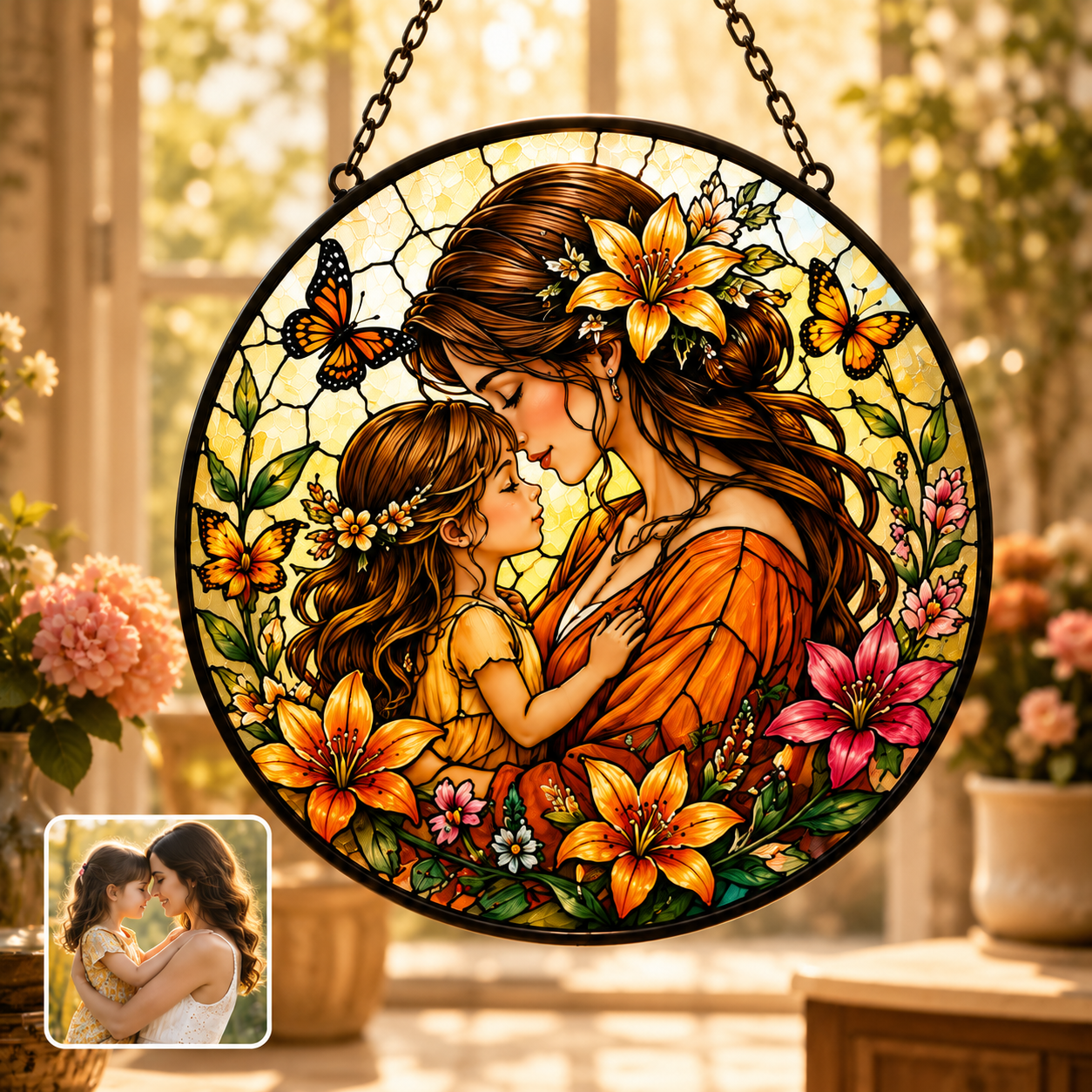 Custom Family Photo Stained Glass Window Hanging, Personalized Mom and Grandma Suncatcher Gift THUC99