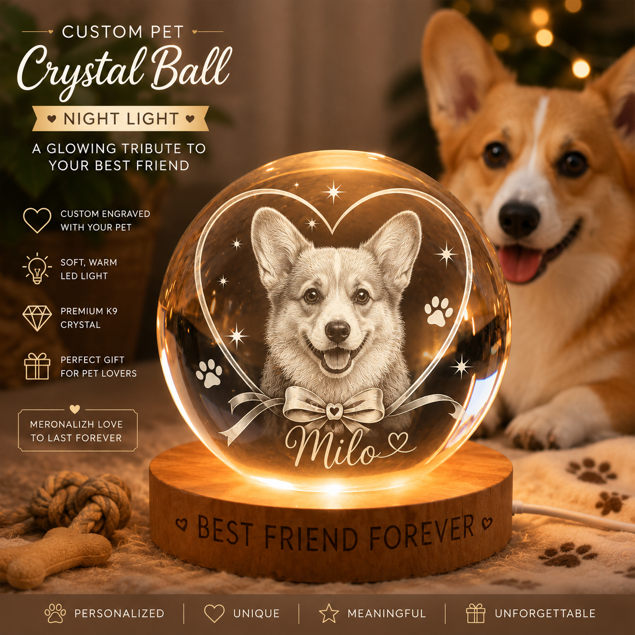 Dog Memorial Crystal Ball Lamp, Custom Pet Photo Night Light, Personalized Dog Keepsake THUC99