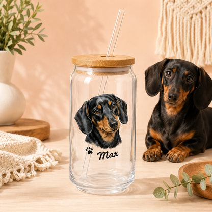 Custom Puppy Portrait Glass Cup 16oz – Personalized Tumbler with Bamboo Lid THUC99