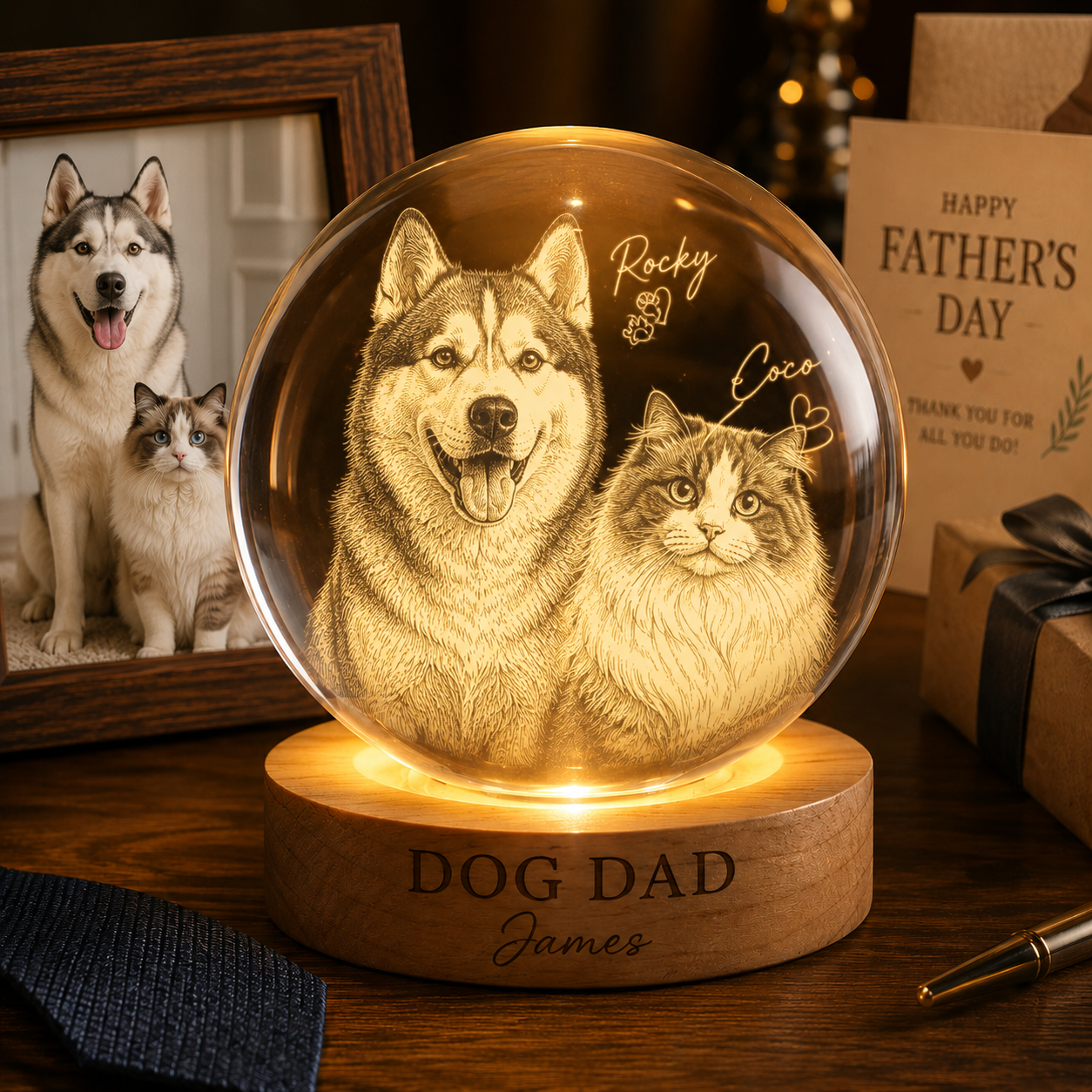 Custom Photo Dog Dad Night Light, Personalized Cat Dad Crystal Ball Lamp For Pet Dad THUC99