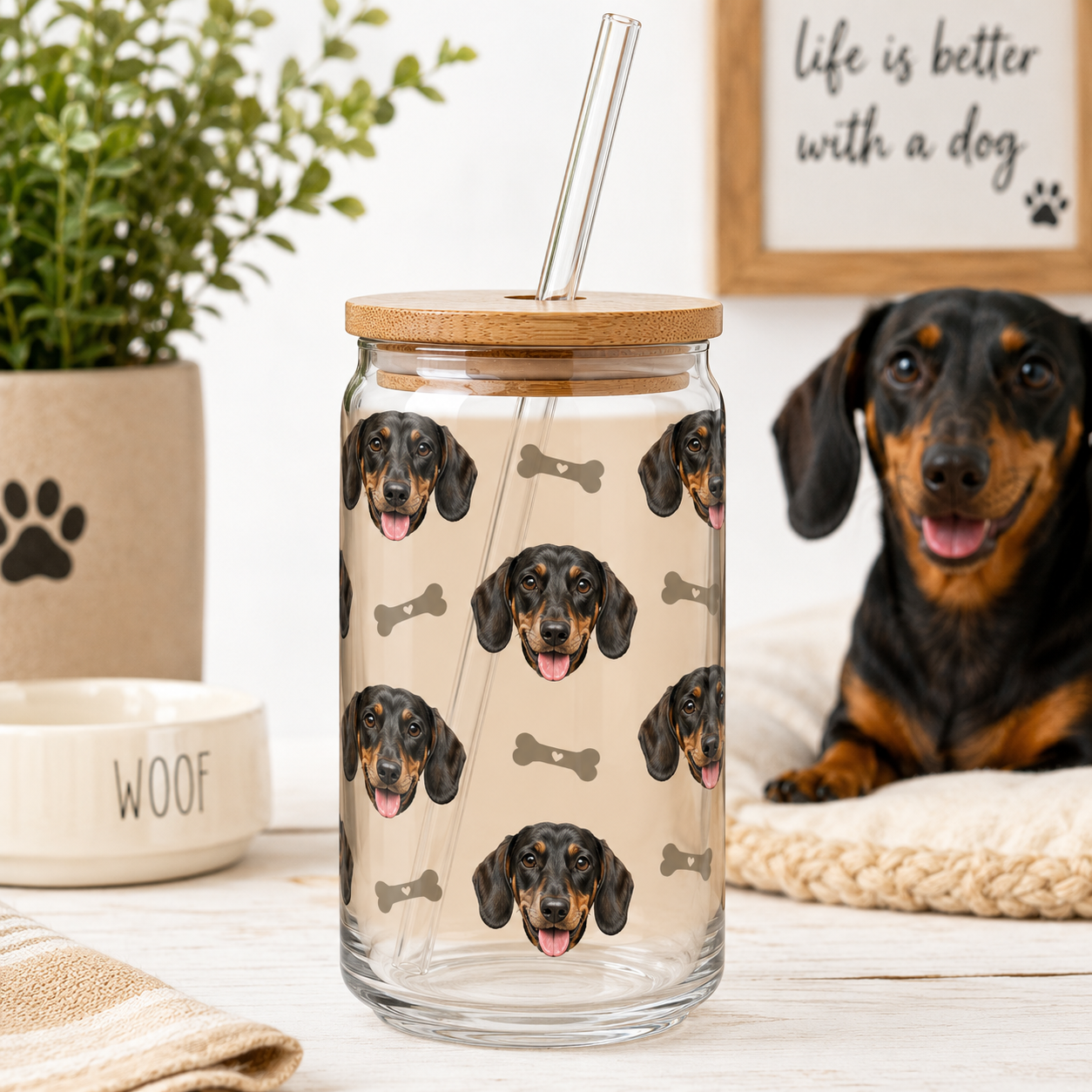 Custom Dog Photo Sipper Glass 16oz – Personalized Glass Tumbler with Bamboo Lid & Straw THUC99