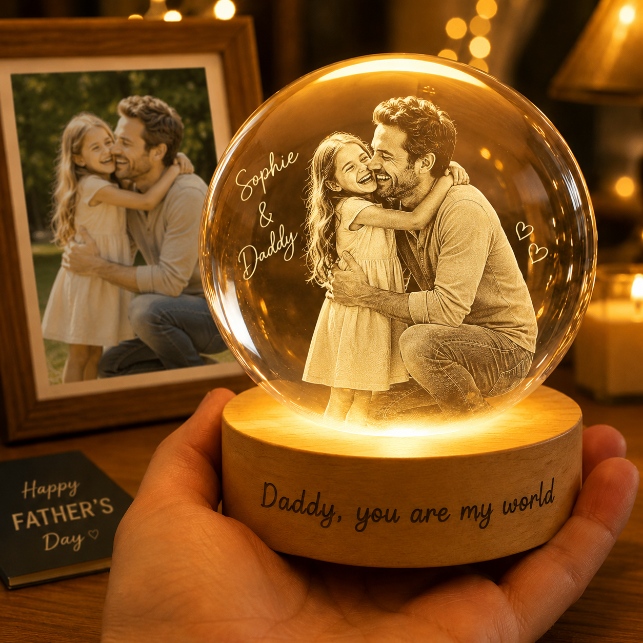 Custom Photo Best Dad Ever Crystal Ball Night Light, Personalized Gift For Dad THUC99