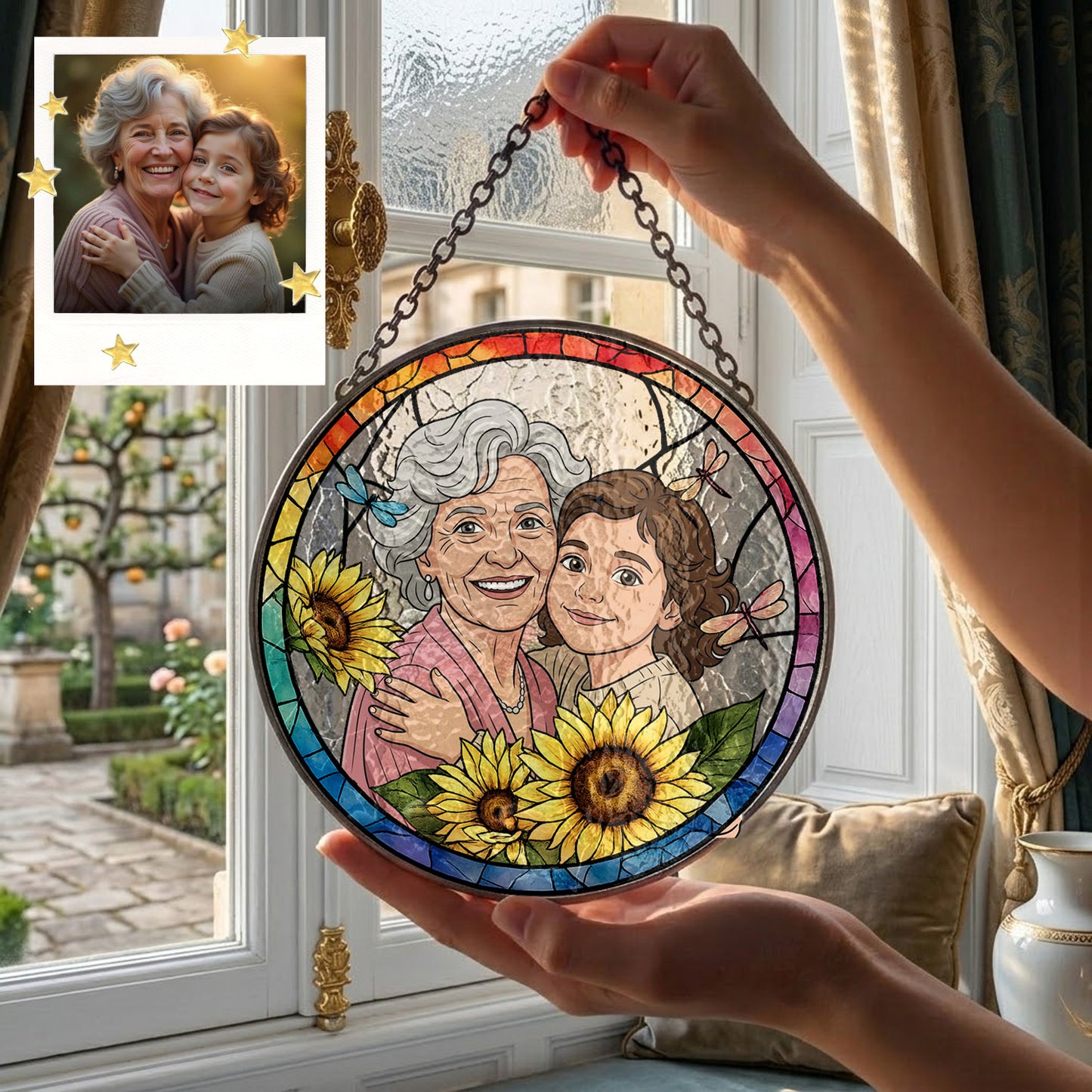 Personalized Family Portrait Stained Glass Suncatcher – Custom Photo Window Hanging, Floral Keepsake Gift THUC99