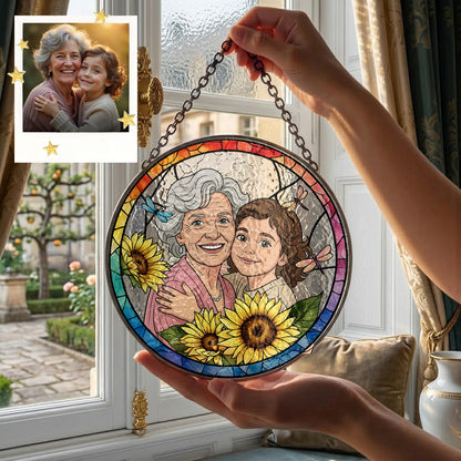 Personalized Family Portrait Stained Glass Suncatcher – Custom Photo Window Hanging, Floral Keepsake Gift THUC99