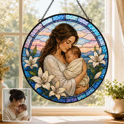 Custom Photo Grandma Stained Glass Suncatcher, Personalized Grandmother Gift Window Hanging THUC99