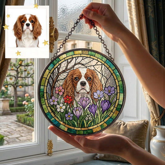Custom Photo Dog Window Hanging – Personalized Pet Stained Glass Suncatcher Decor (THUC99)
