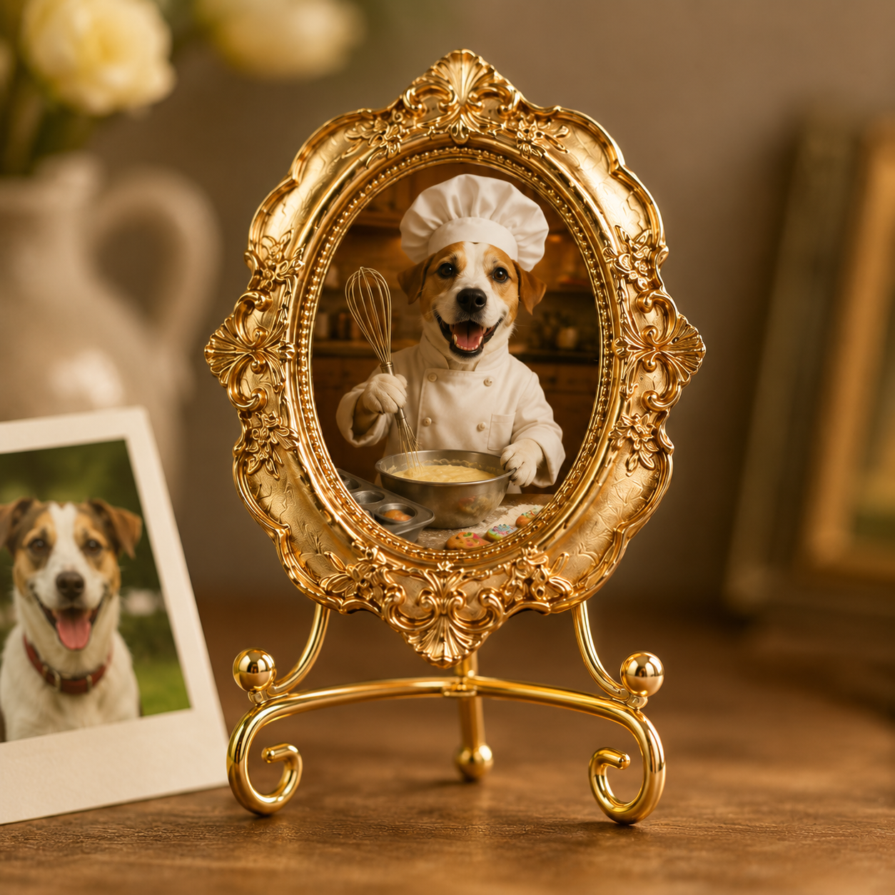 Custom Dog Photo Gold  Frame Magnet, Optional Stand Decor Gift THUC99