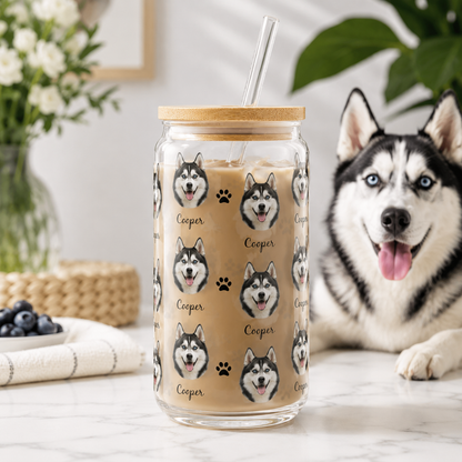 Custom Dog Photo Sipper Glass 16oz – Personalized Glass Tumbler with Bamboo Lid & Straw THUC99