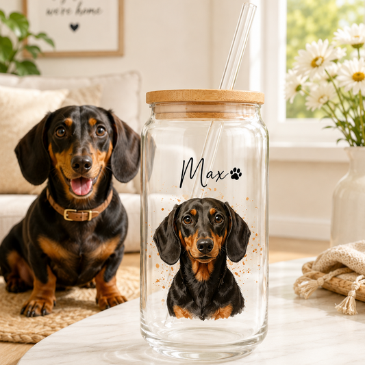 Custom Dog Photo Iced Coffee Glass – 16oz Personalized Cup with Bamboo Lid THUC99