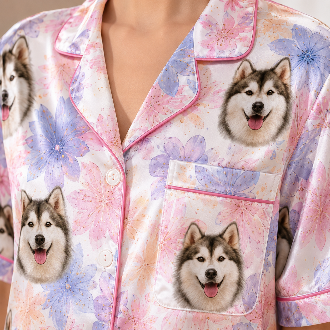 Personalized Pet Face Satin Pajamas Set Custom Dog Photo Gift for Her THUC99