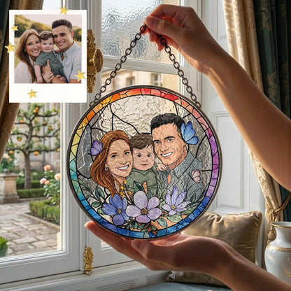 Personalized Family Portrait Stained Glass Suncatcher – Custom Photo Window Hanging, Floral Keepsake Gift THUC99