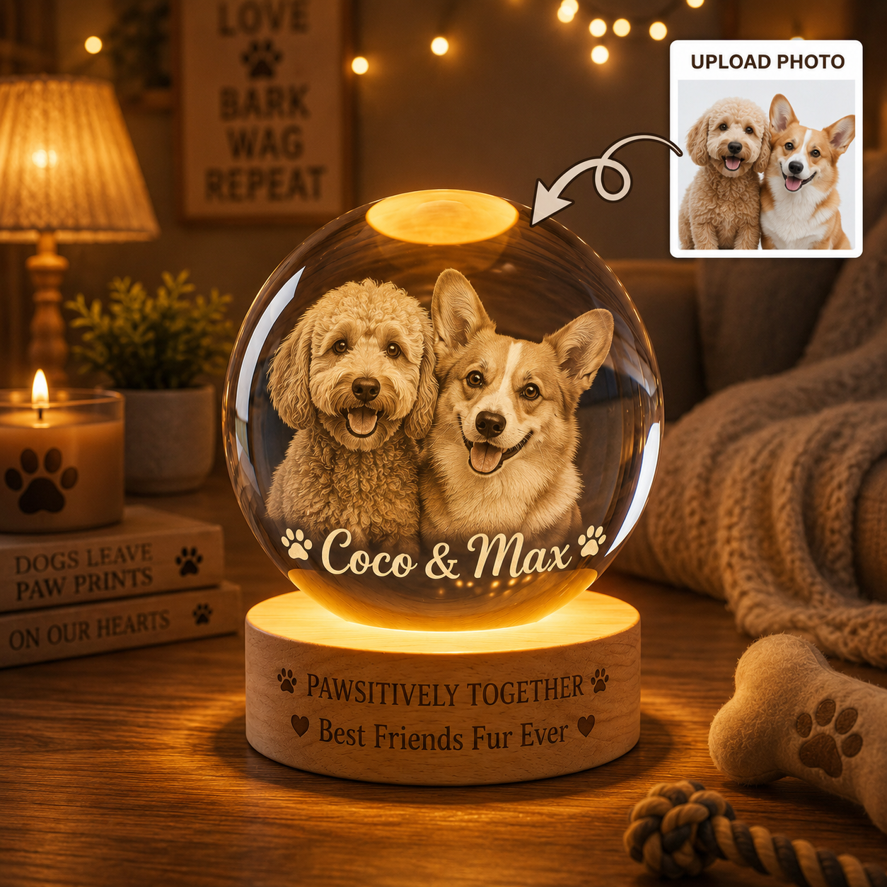 Custom Dog Night Light Crystal Ball, Personalized Pet Photo Lamp, Memorial Dog Gift THUC99