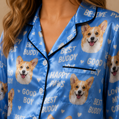 Custom Pet Portrait Satin Pajamas Set Personalized Dog Face Sleepwear Gift THUC99