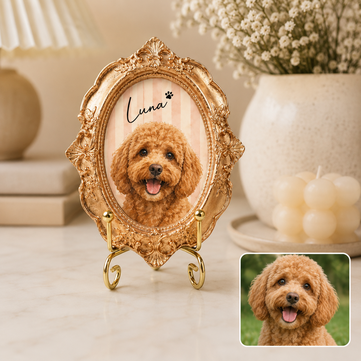 Custom Dog Photo Frame Magnet, Personalized Pet PortraitGold Frame Dog Artwork Magnet THUC99