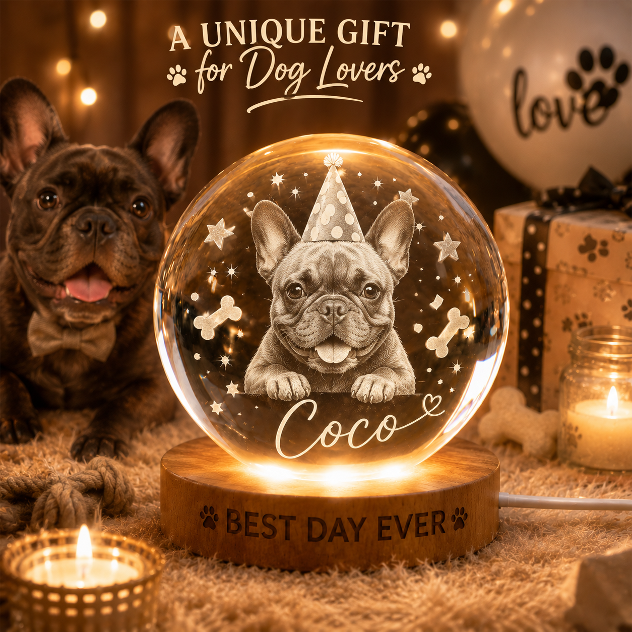 Custom Pet Crystal Ball Night Light, Personalized Dog Birthday Photo Lamp, Pet Memorial Gift THUC99