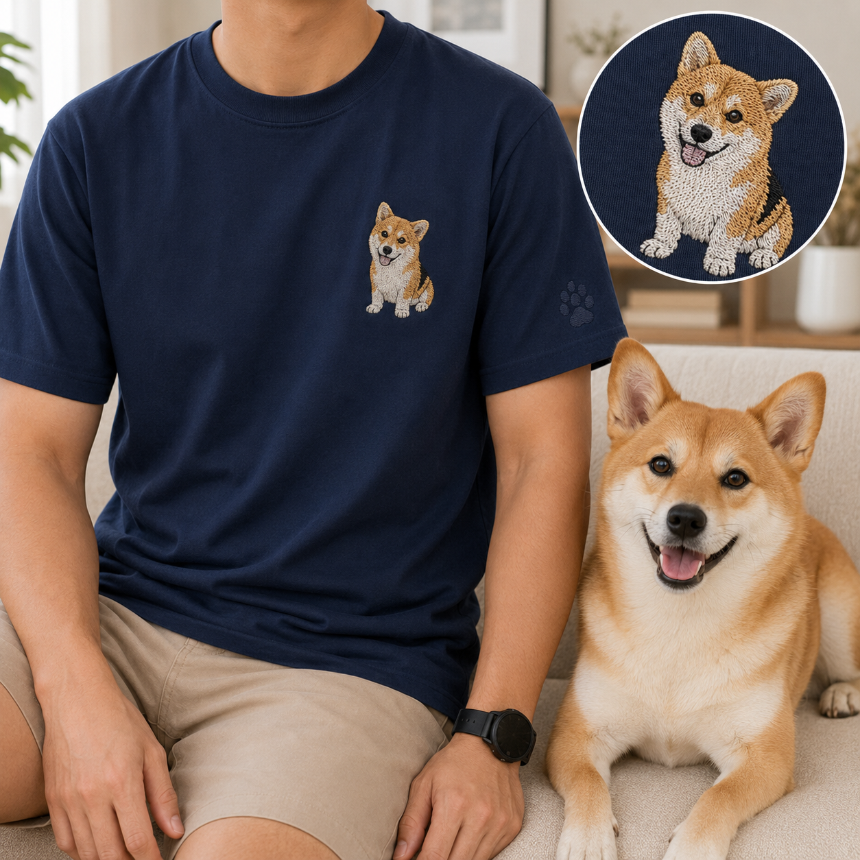 Custom Dog Mom Embroidered T-Shirt, Personalized Pet Portrait Tee, Dog Photo Shirt THUC99