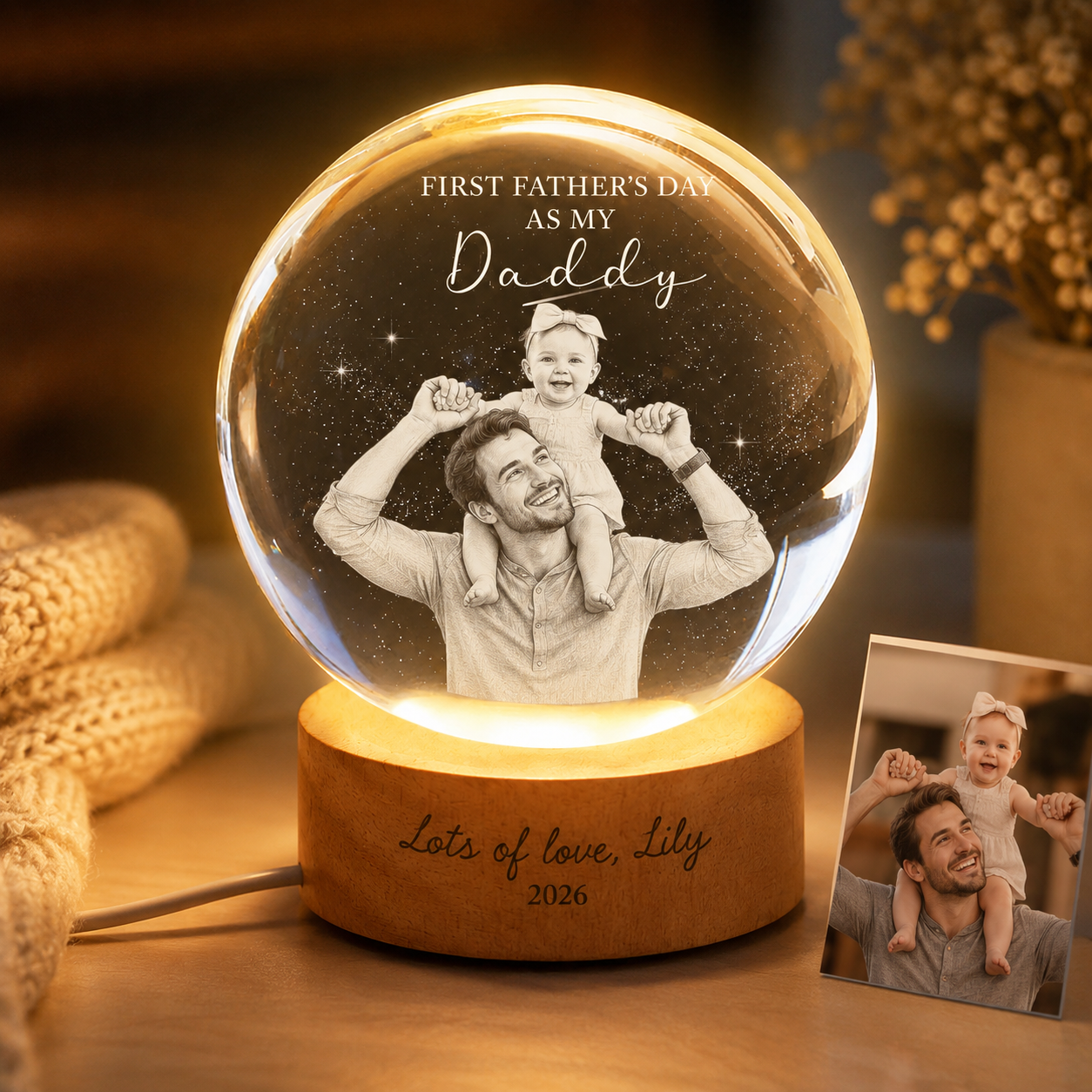 Custom Dad Crystal Ball Night Light, Personalized Photo Crystal Lamp, Father’s Day Gift For Dad THUC99