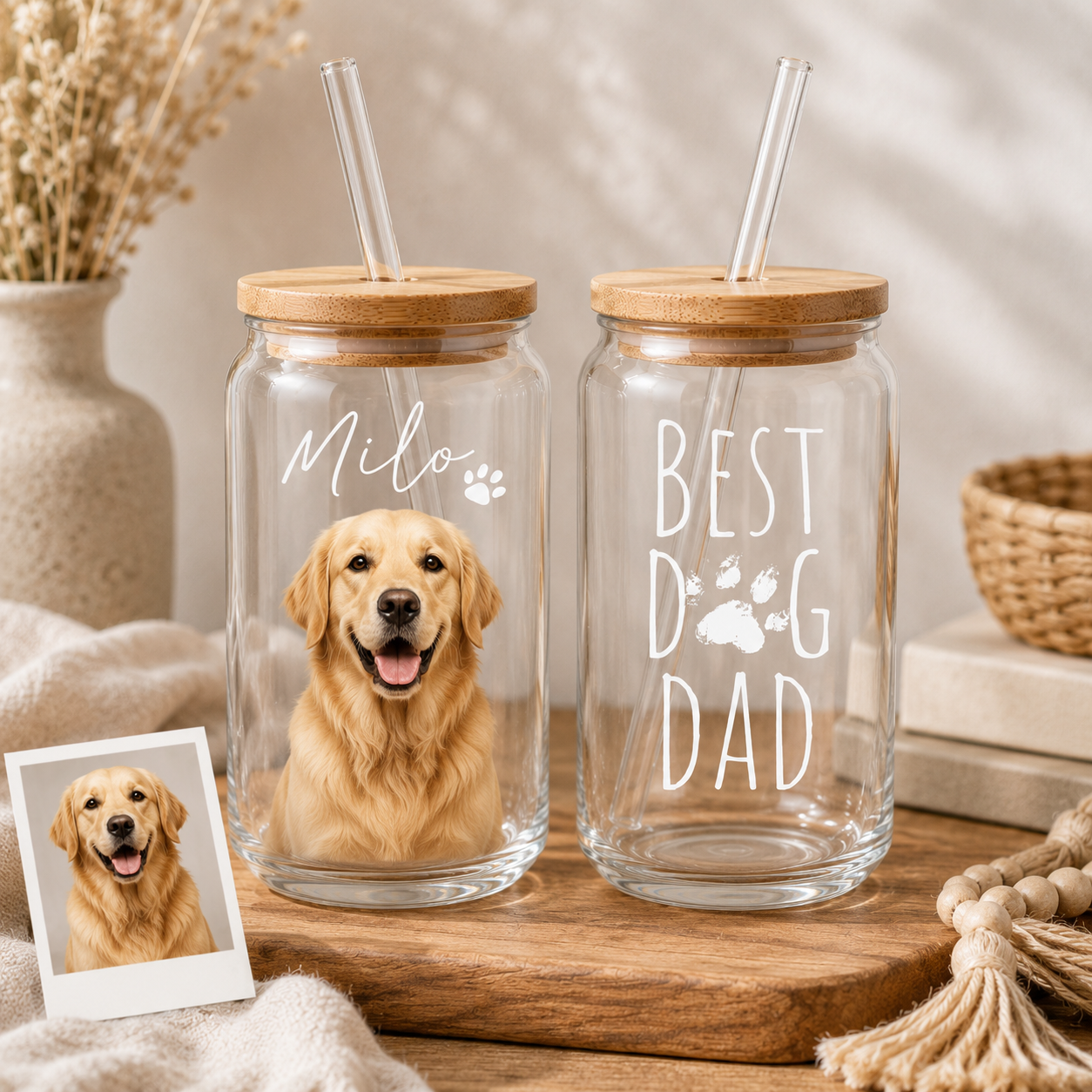 Personalized Dog Portrait Glass Cup 16oz – Custom Sipper with Bamboo Lid & Straw THUC99