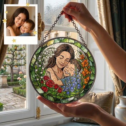 Personalized Mother & Child Stained Glass Suncatcher – Custom Portrait Floral Window Hanging, Mom Gift THUC99