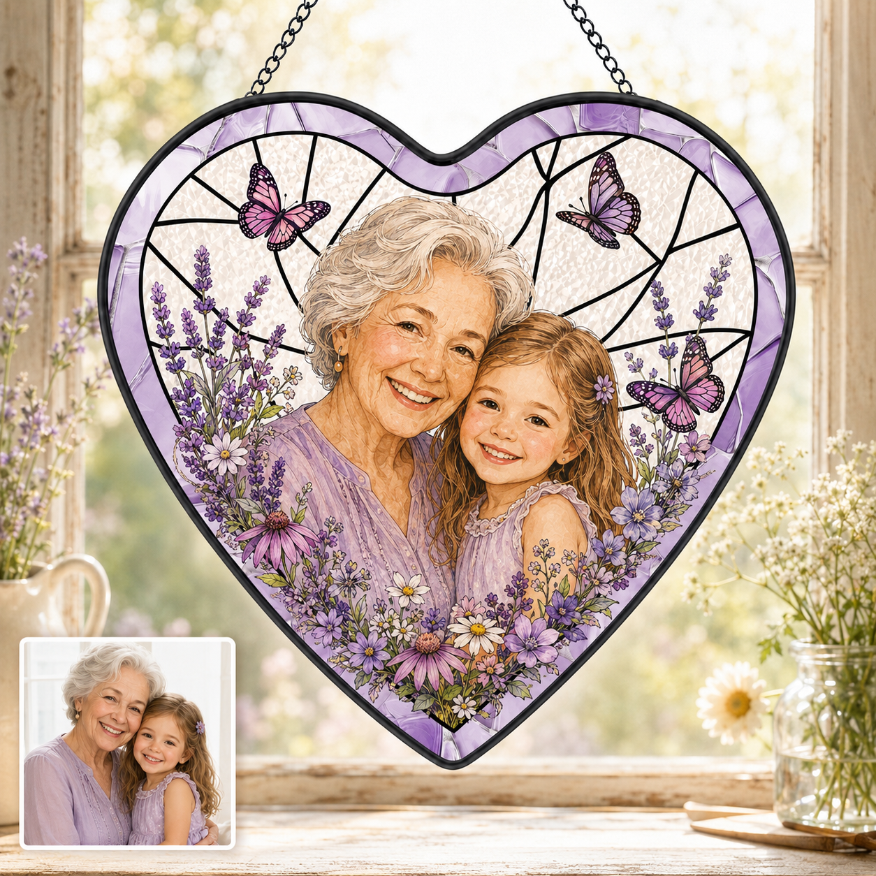Personalized Mom Photo Stained Glass Suncatcher, Custom Nana Gift Window Hanging Keepsake Decor THUC99