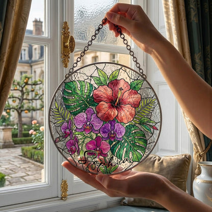 Personalized Tropical Flower Stained Glass Suncatcher – Custom Name Window Hanging, Hibiscus & Orchid Decor (THUC99)