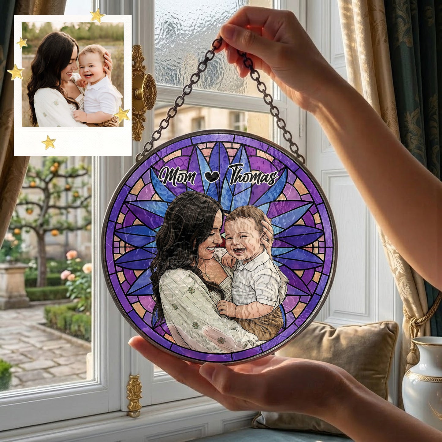 Custom Mom & Baby Photo Suncatcher – Personalized Stained Glass Window Hanging (THUC99)