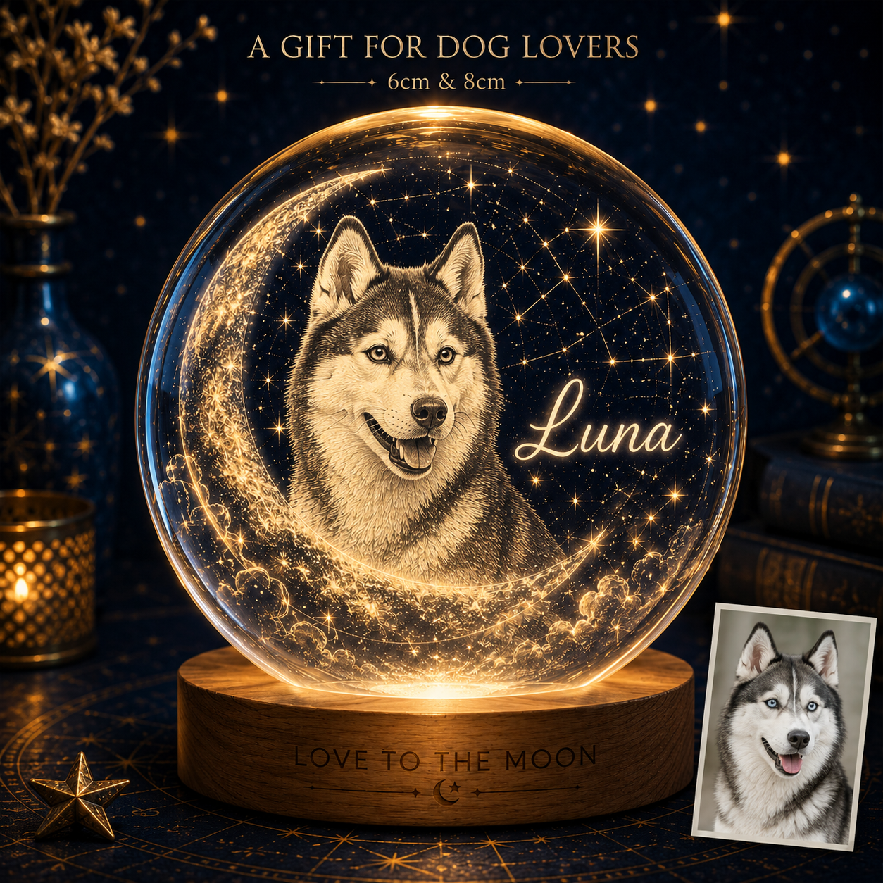 Custom Dog Photo Crystal Lamp, Personalized Pet Moon Crystal Ball Night Light, Dog Memorial Gift THUC99