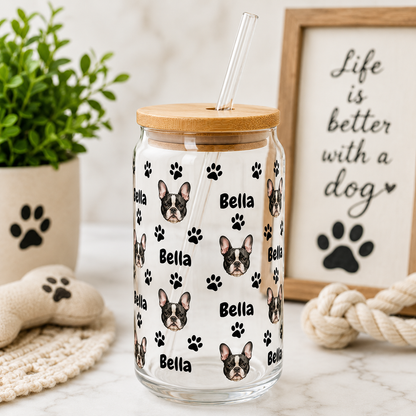 Personalized Dog Face Glass Tumbler 16oz – Custom Pet Cup with Bamboo Lid & Straw THUC99 (Copy)