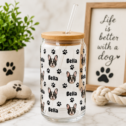 Personalized Dog Face Glass Tumbler 16oz – Custom Pet Cup with Bamboo Lid & Straw THUC99 (Copy)