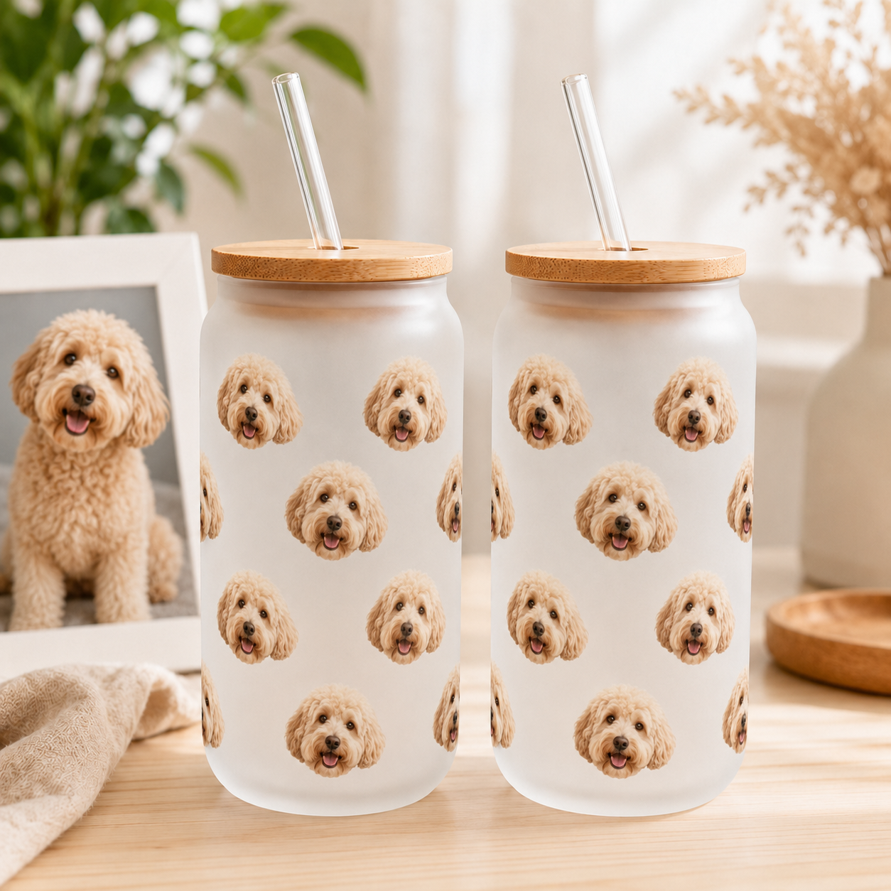 Custom Dog Photo Iced Coffee Glass – 16oz Personalized Cup with Bamboo Lid THUC99