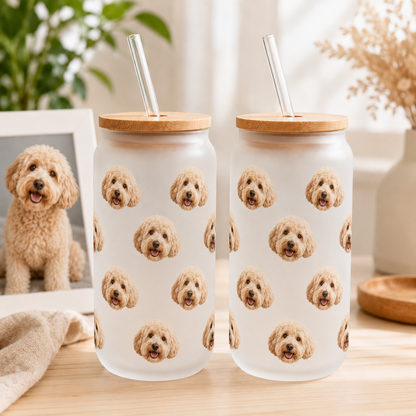 Custom Dog Photo Iced Coffee Glass – 16oz Personalized Cup with Bamboo Lid THUC99