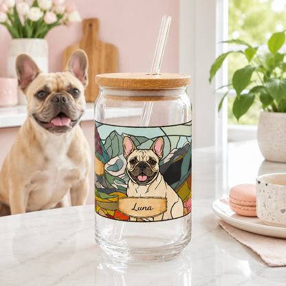 Custom Pet Image Sipper Tumbler – 16oz Glass Cup with Bamboo Lid and Straw THUC99