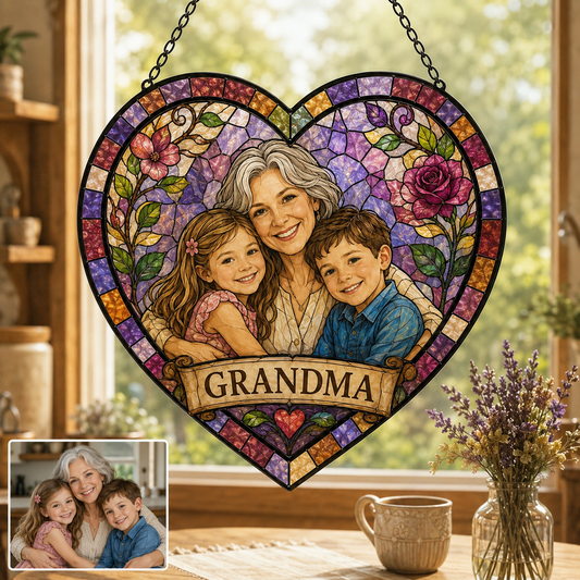 Personalized Grandma Photo Stained Glass Suncatcher, Custom Nana Gift Window Hanging Keepsake Decor THUC99