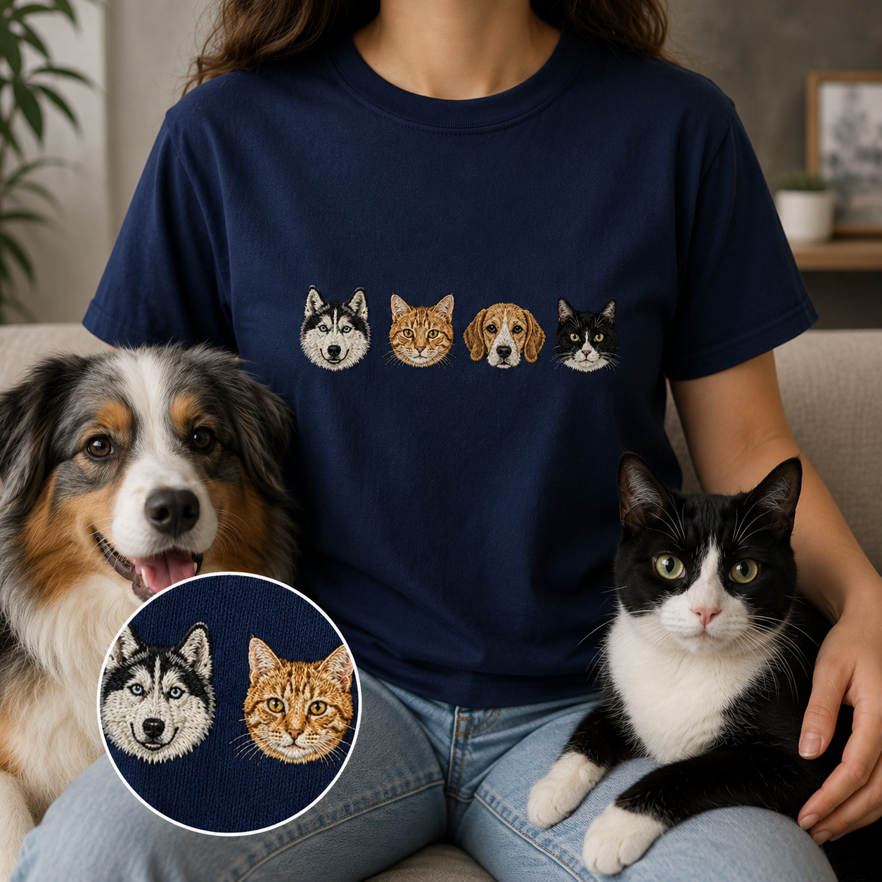 Custom Dog Photo Embroidered Tee, Personalized Pet Face Shirt, Dog Mom Dad Birthday Gift THUC99