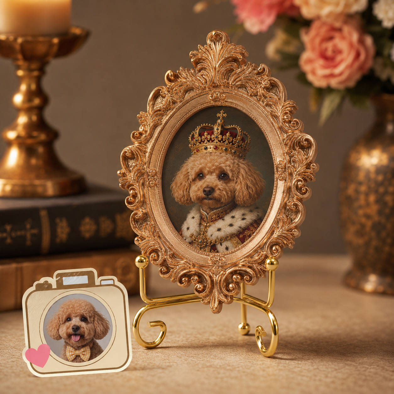 Custom Dog Vintage Photo Frame Magnet, Personalized Pet Portrait Fridge Magnet, Gold Frame Dog Artwork Magnet THUC99