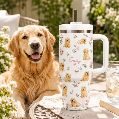 Personalized Pet Portrait 40oz Tumbler – Custom Dog Photo Travel Mug with Handle and Lid THUC99
