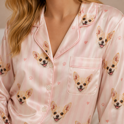 Personalized Dog Portrait Satin Pajamas Set Custom Sleepwear for Women THUC99
