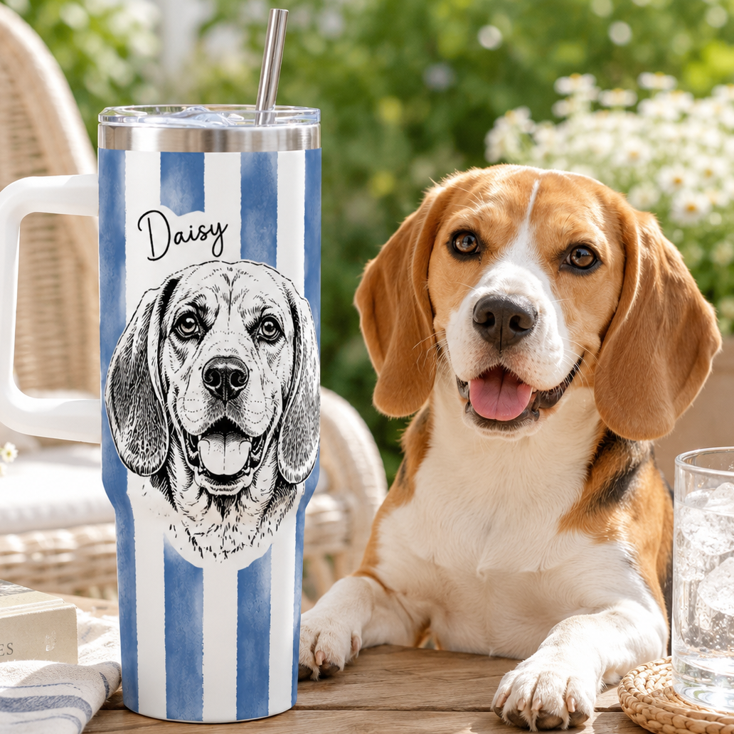 Personalized Pet Photo Tumbler 40oz – Custom Dog Picture Cup with Handle, Straw and Lid THUC99