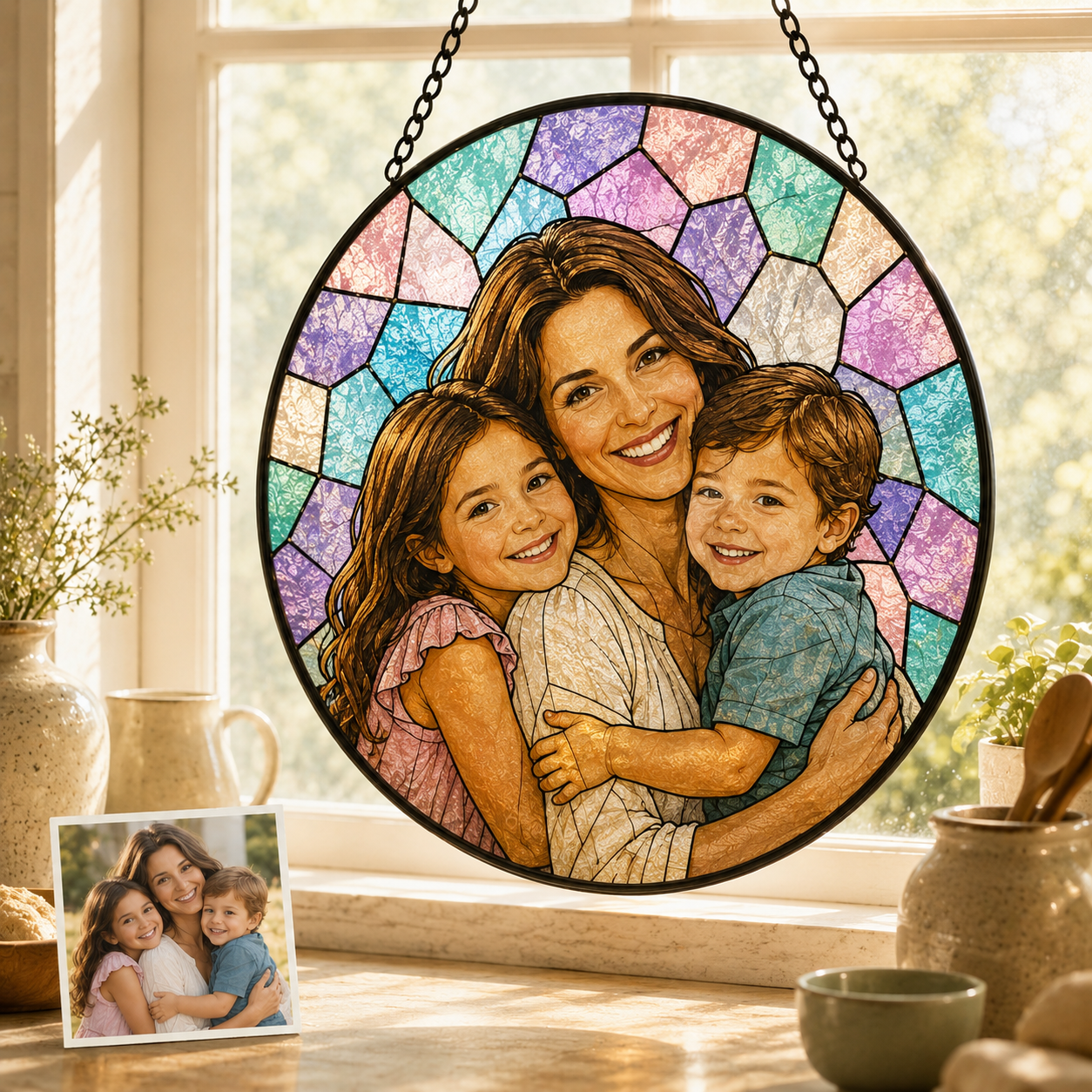 Personalized Mom & Grandma Portrait Glass Suncatcher, Custom Family Photo Window Hanging Decor THUC99