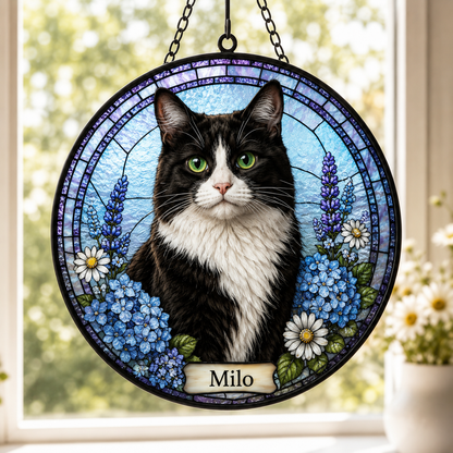 Custom Photo Cat Stained Glass Suncatcher – Personalized Pet Portrait Gift | Cat Window Decor THUC99