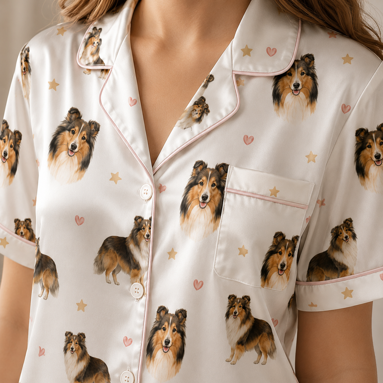 Custom Dog Face Printed Satin Pajamas Set Personalized Pet Photo Sleepwear for Her THUC99