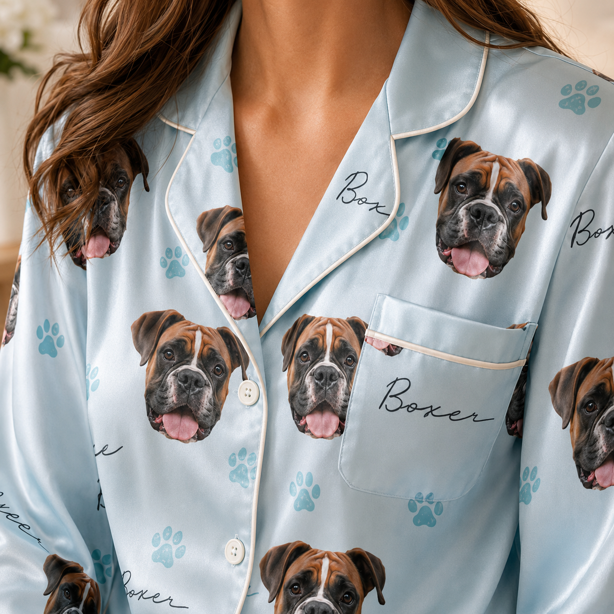 Custom Dog Image Satin Nightwear Set Personalized Pet Lover Sleepwear Gift THUC99