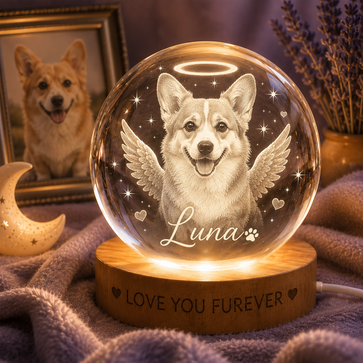 Custom Dog Crystal Ball Night Light, Personalized Pet Photo Crystal Lamp, Memorial Dog Gift THUC99