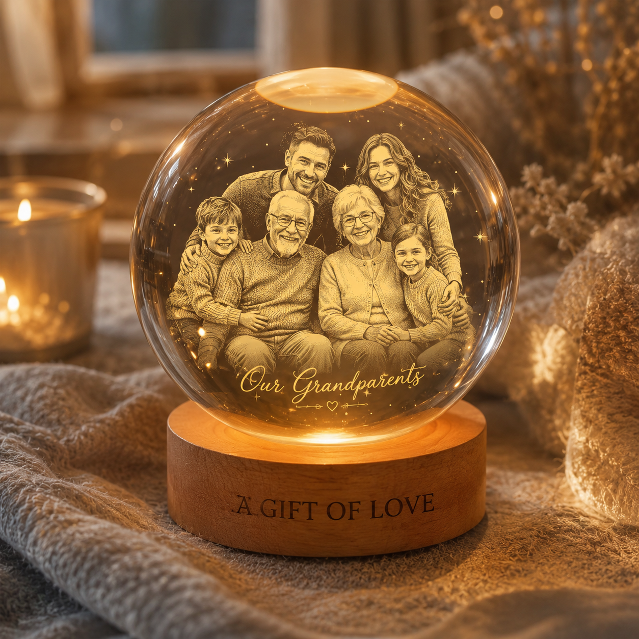 Custom Photo Family Crystal Ball Lamp, Personalized Dad Gift To Grandpa Dad THUC99