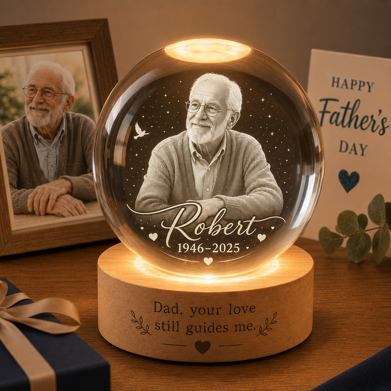 Custom Photo Dad Memorial Night Light, Crystal Ball Lamp, Personalized Father’s Day Gift THUC99