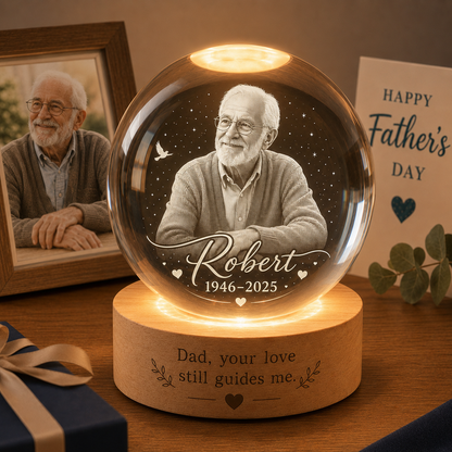Custom Photo Dad Memorial Night Light, Crystal Ball Lamp, Personalized Father’s Day Gift THUC99