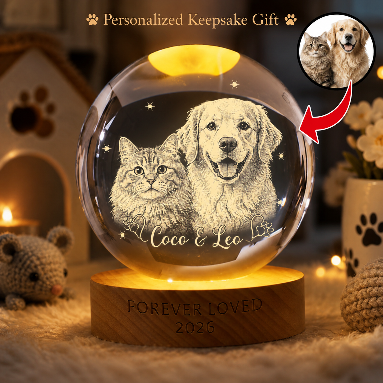 Custom Dog Crystal Ball Light, Personalized Pet Photo Lamp, Dog Memorial Sympathy Gift THUC99