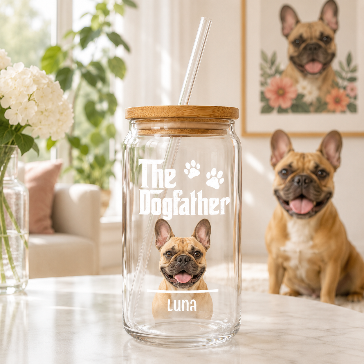 Custom Dog Mom Glass Tumbler – Personalized 16oz Cup with Lid & Straw THUC99